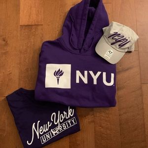NYU hoodie, shirt, and baseball cap pack